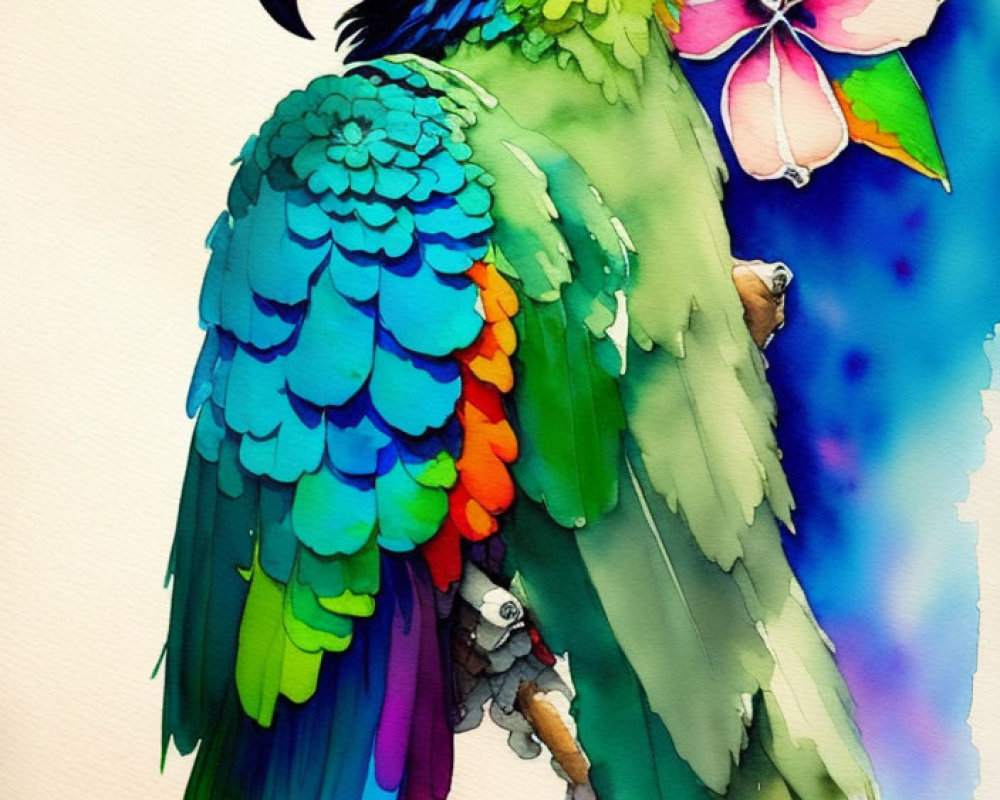 Colorful Macaw Parrot Watercolor Painting with Pink Flower