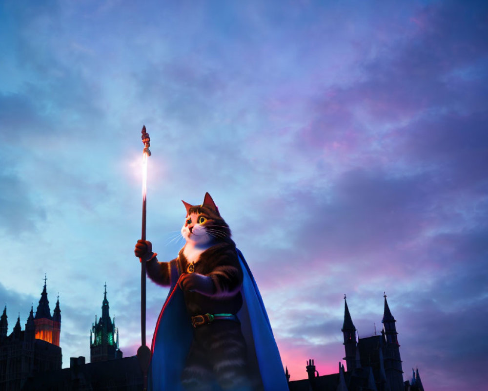 Animated cat with torch in front of castle towers at dusk