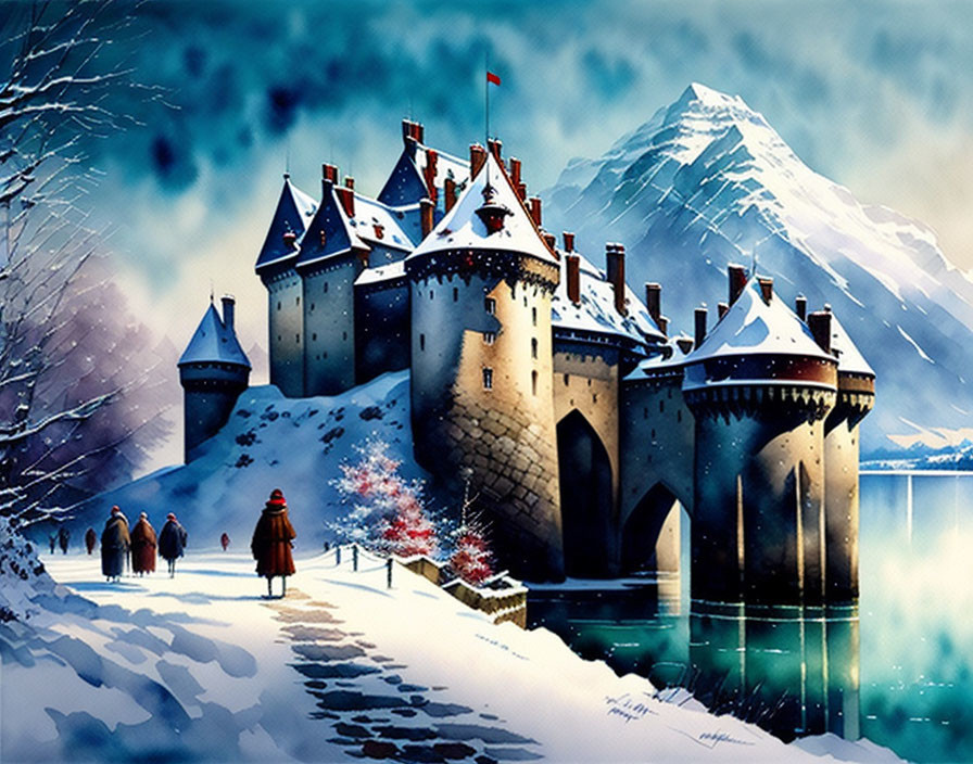 Snowy Castle by Frozen Lake with Figures Approaching Bridge