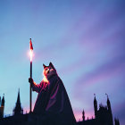 Animated cat with torch in front of castle towers at dusk