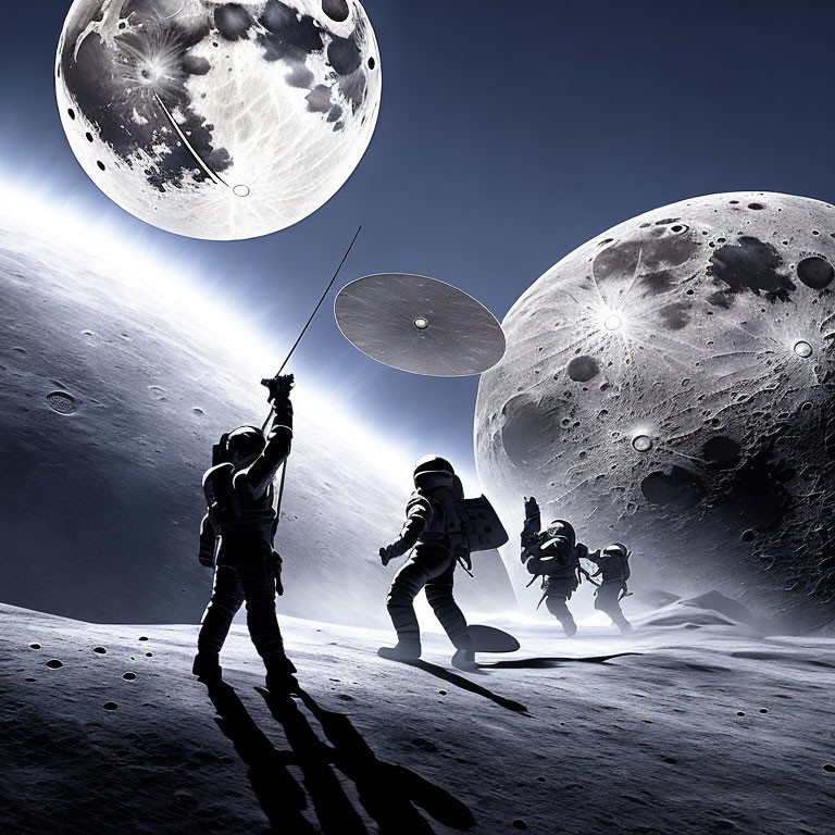 Astronauts on lunar surface with satellite dish under multiple moons.