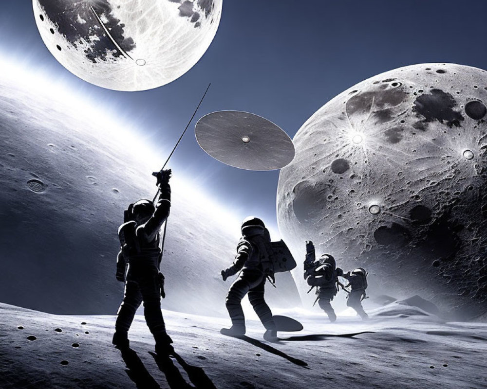 Astronauts on lunar surface with satellite dish under multiple moons.