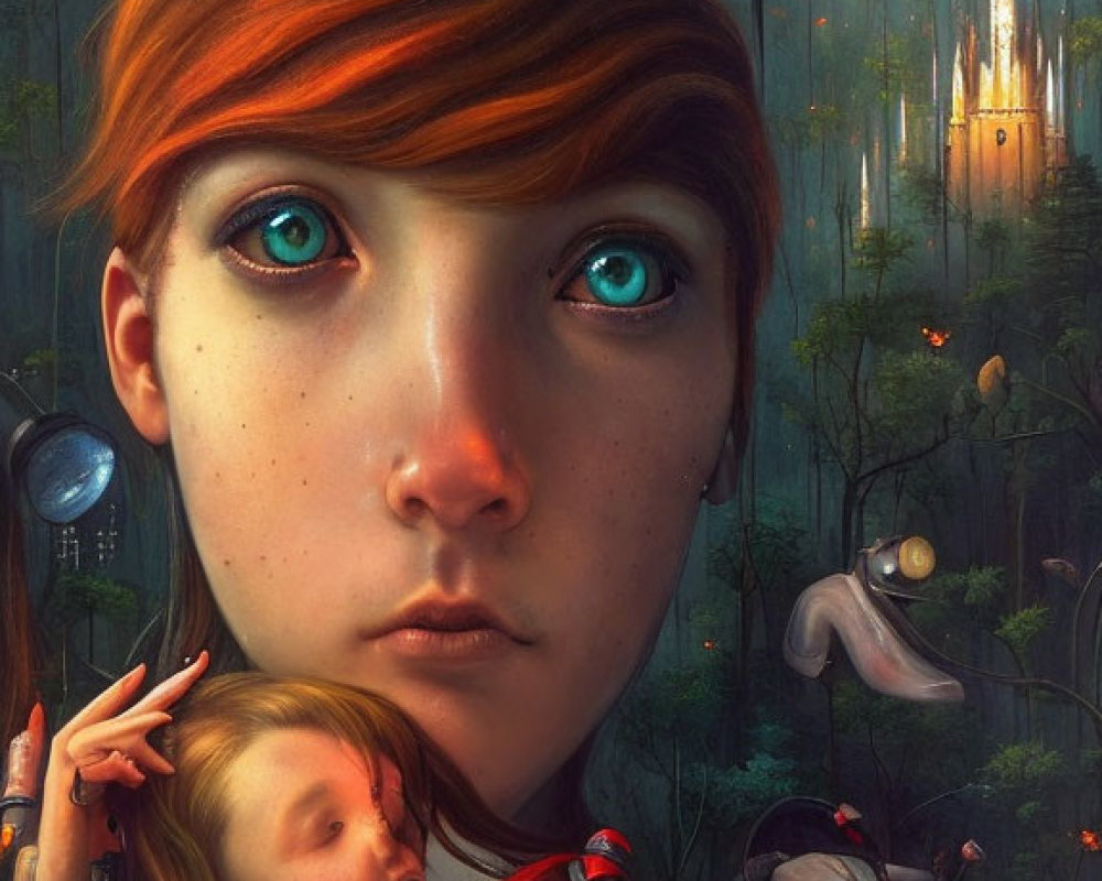 Fantastical artwork of a girl with blue eyes in a forest with futuristic elements