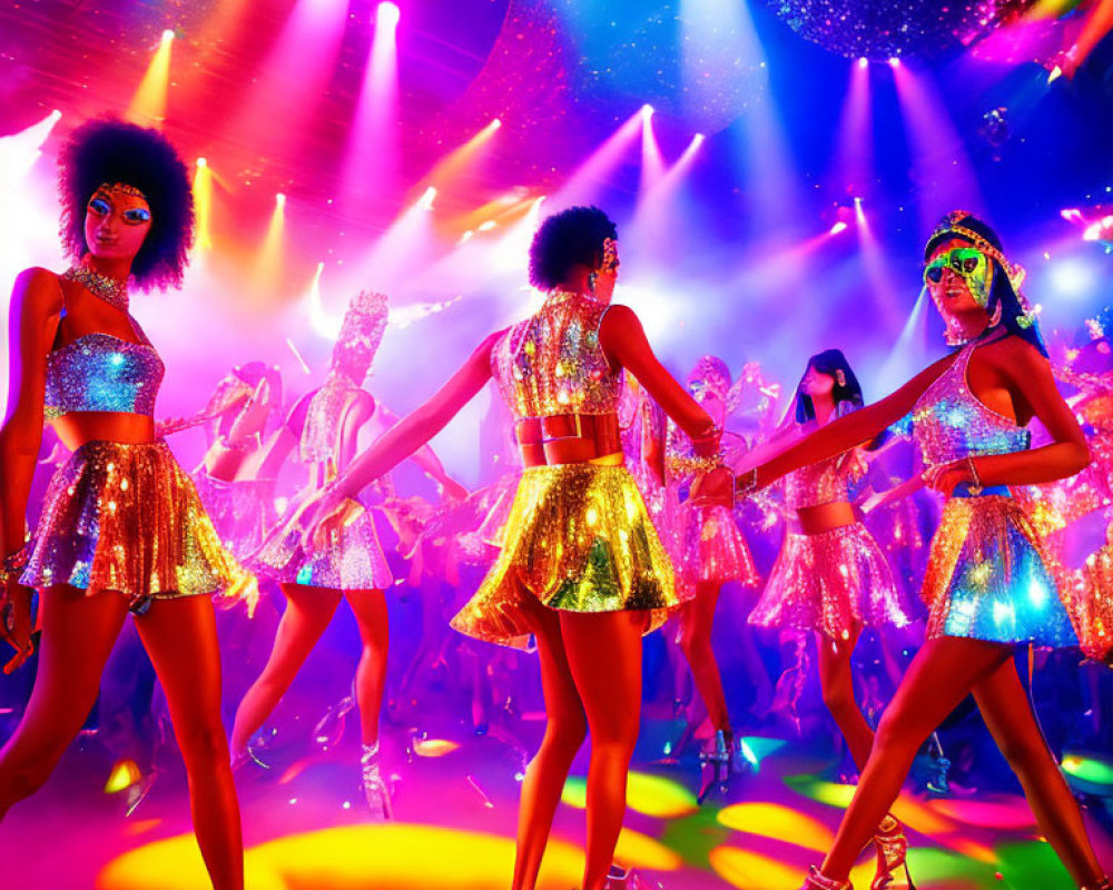 Sparkly Costumed Dancers in Vibrant Disco Lights