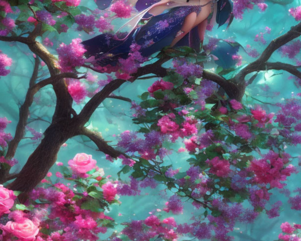 Young woman with wings on branch amid pink flowers and turquoise backdrop