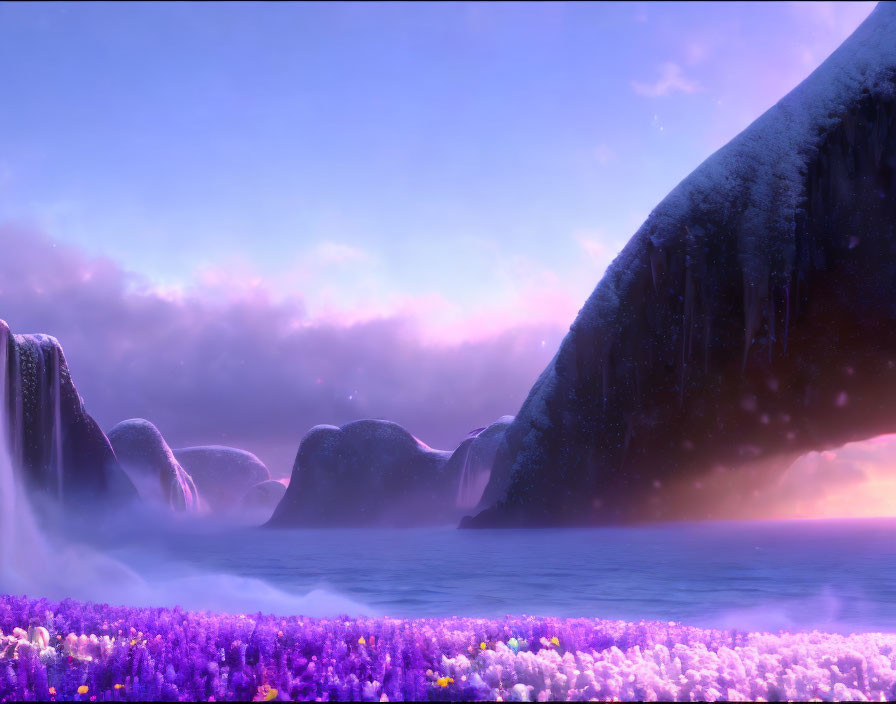 Tranquil landscape with purple flowers, sea, waterfalls, and cliffs