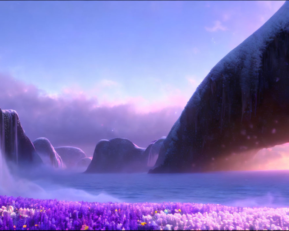 Tranquil landscape with purple flowers, sea, waterfalls, and cliffs