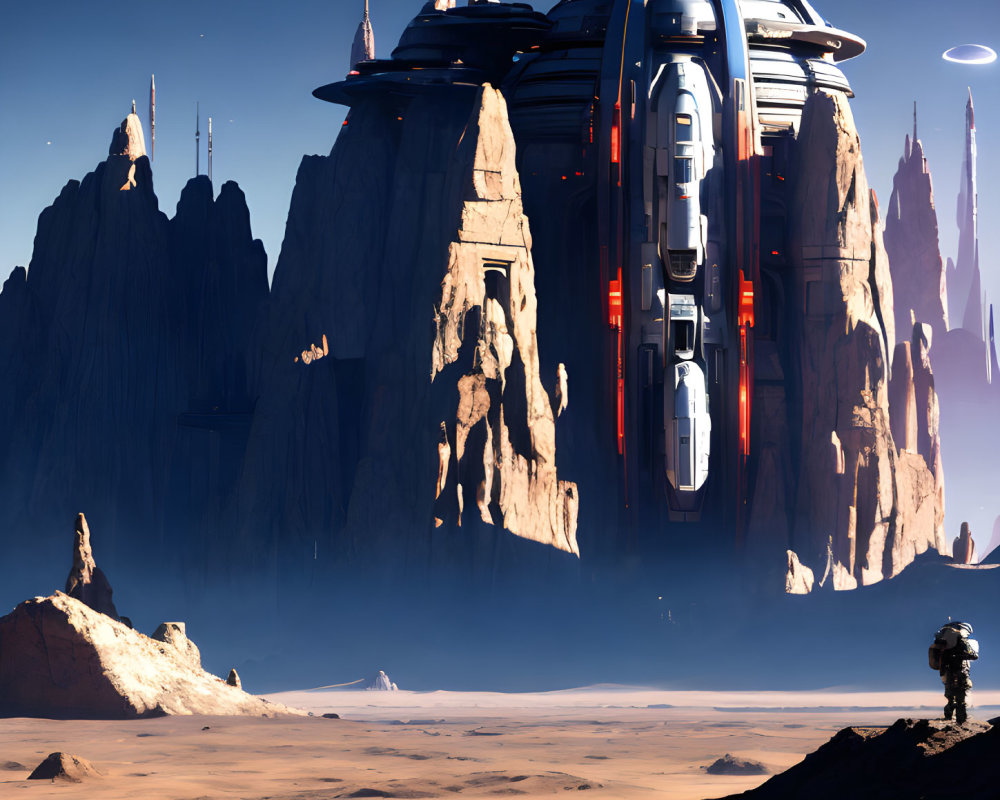 Futuristic cityscape on desert planet with astronaut and ringed planet