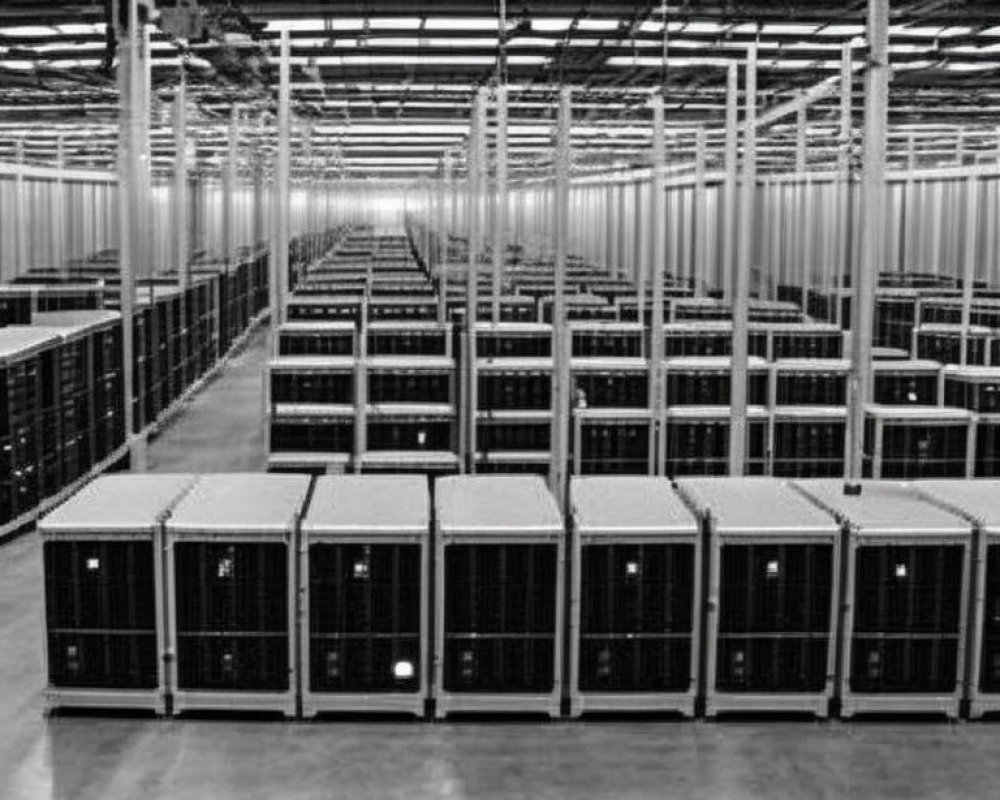 Metal server racks in data center with structured cable management.