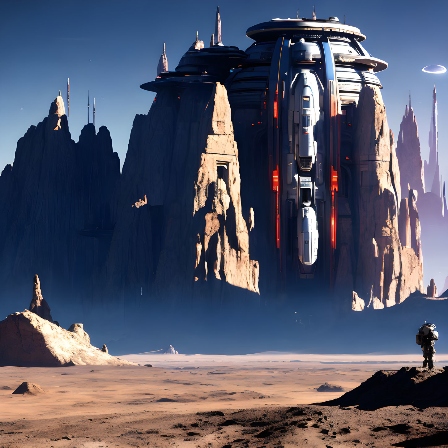 Futuristic cityscape on desert planet with astronaut and ringed planet