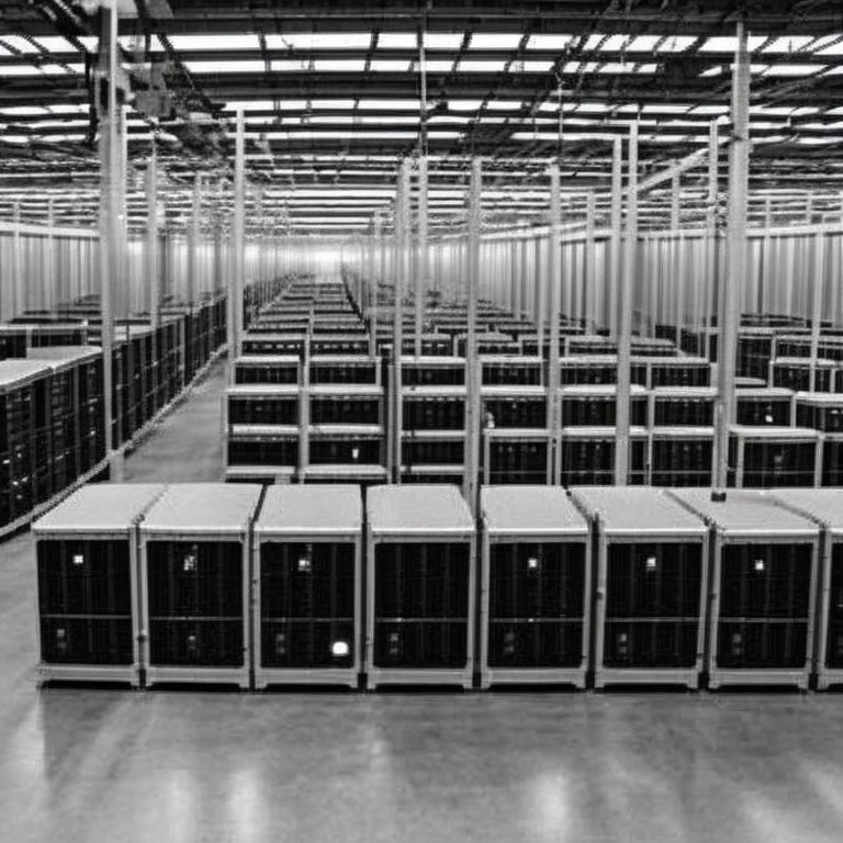 Metal server racks in data center with structured cable management.