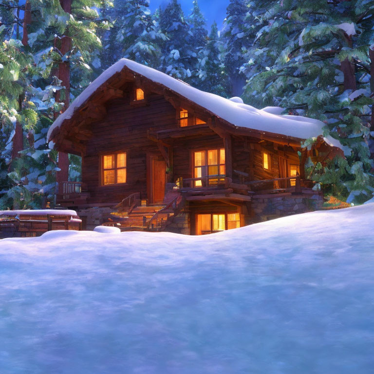 Snowy forest twilight scene: cozy wooden cabin lit up