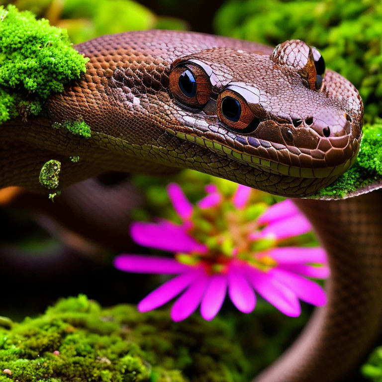 Brown snake on moss with pink flower - Detailed Close-up