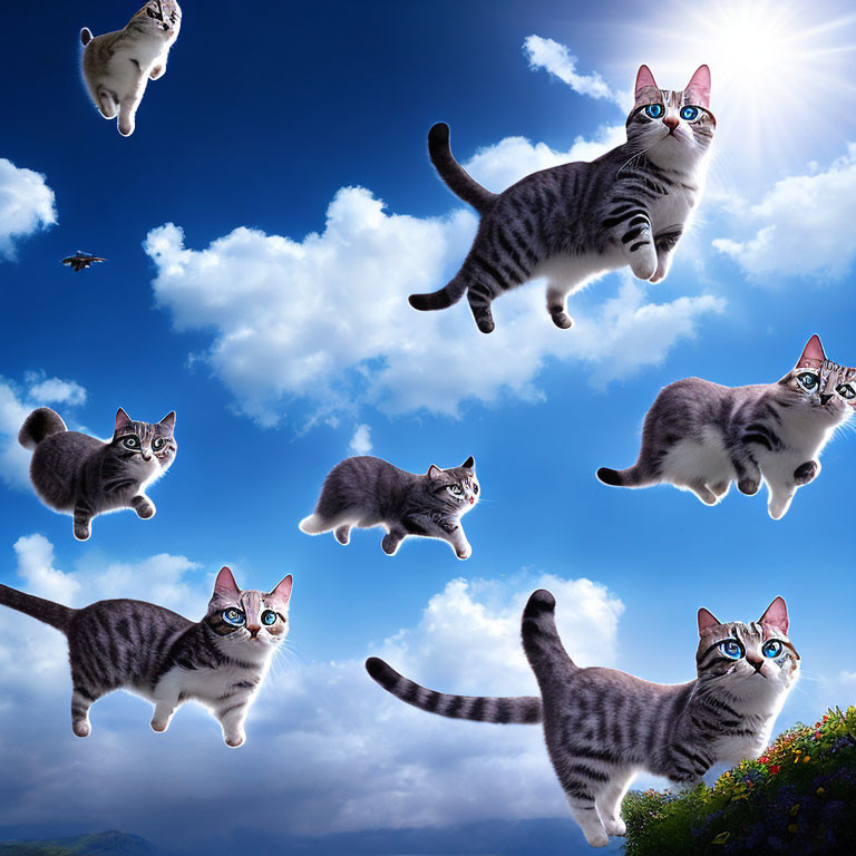 Blue-eyed cats digitally edited floating in blue sky