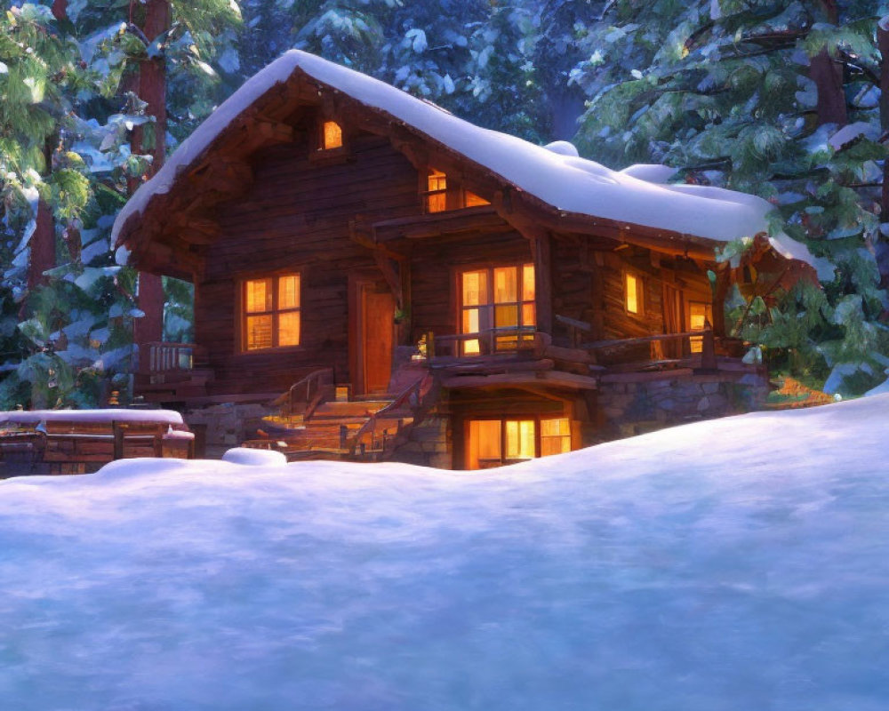 Snowy forest twilight scene: cozy wooden cabin lit up