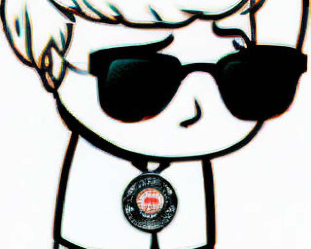 Cartoon character in sunglasses, white suit, black shoes, and badge.