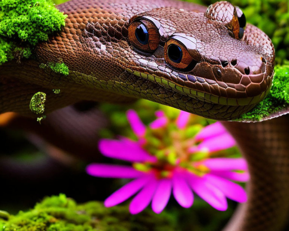 Brown snake on moss with pink flower - Detailed Close-up