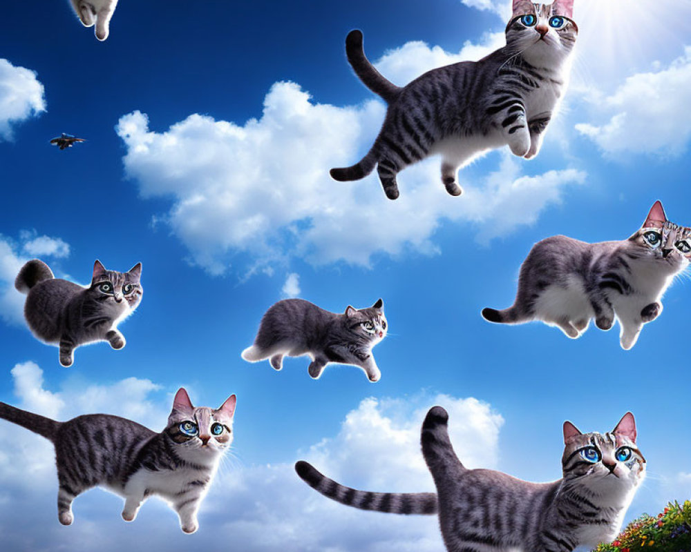 Blue-eyed cats digitally edited floating in blue sky