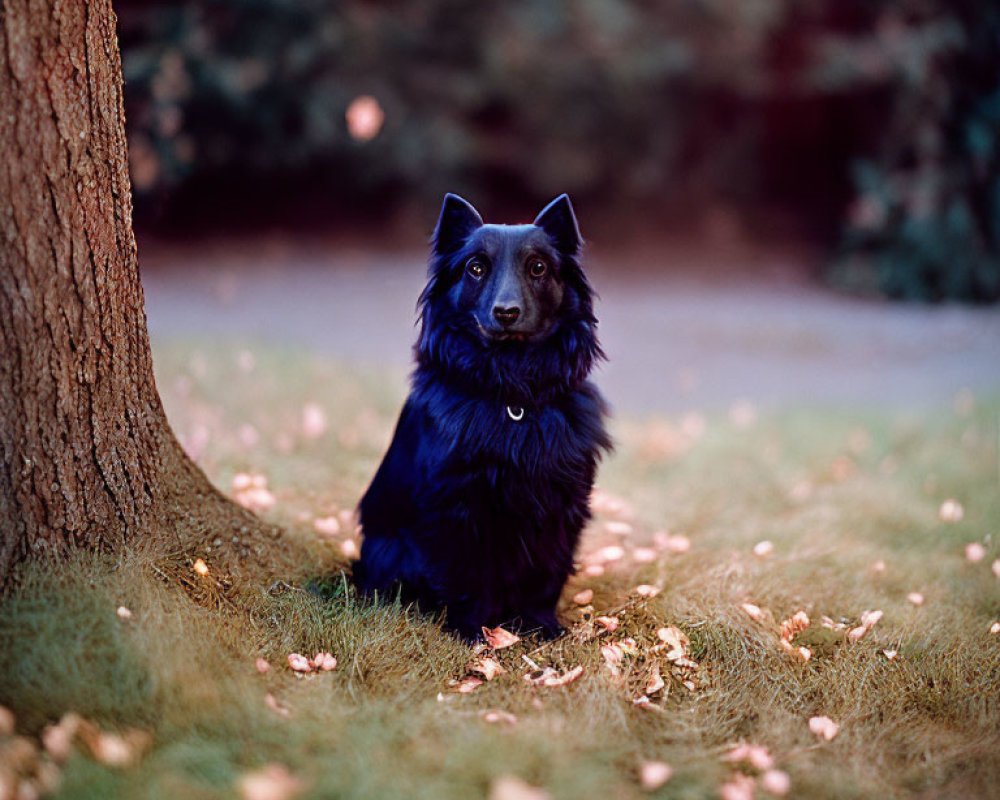 Black Dog with Bright Eyes Sitting on Grass by Tree