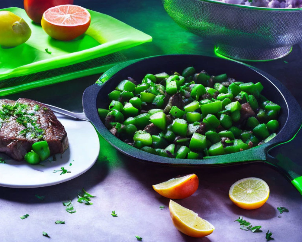 Vibrant food arrangement with sautéed greens, steak, citrus slices, and purple cauliflower