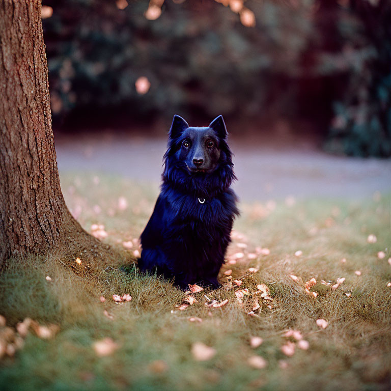 Black Dog with Bright Eyes Sitting on Grass by Tree