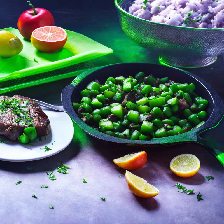 Vibrant food arrangement with sautéed greens, steak, citrus slices, and purple cauliflower