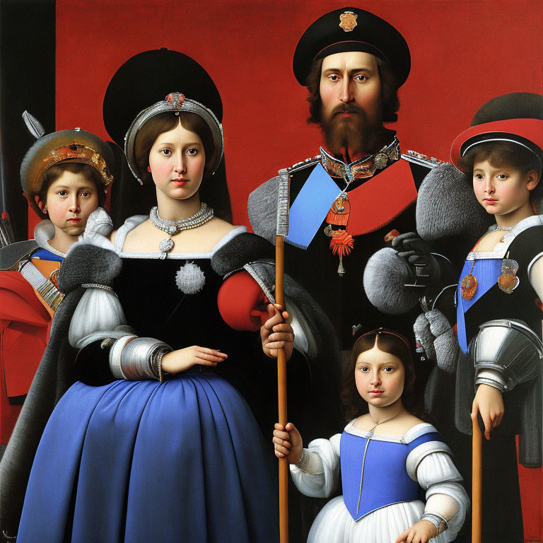 Stylized portrait of family in renaissance-era attire