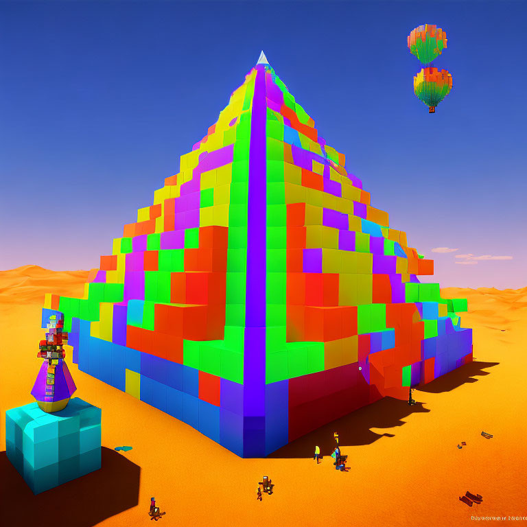 Colorful Pyramid with Block Patterns in Desert Landscape with Hot Air Balloons and Sphinx