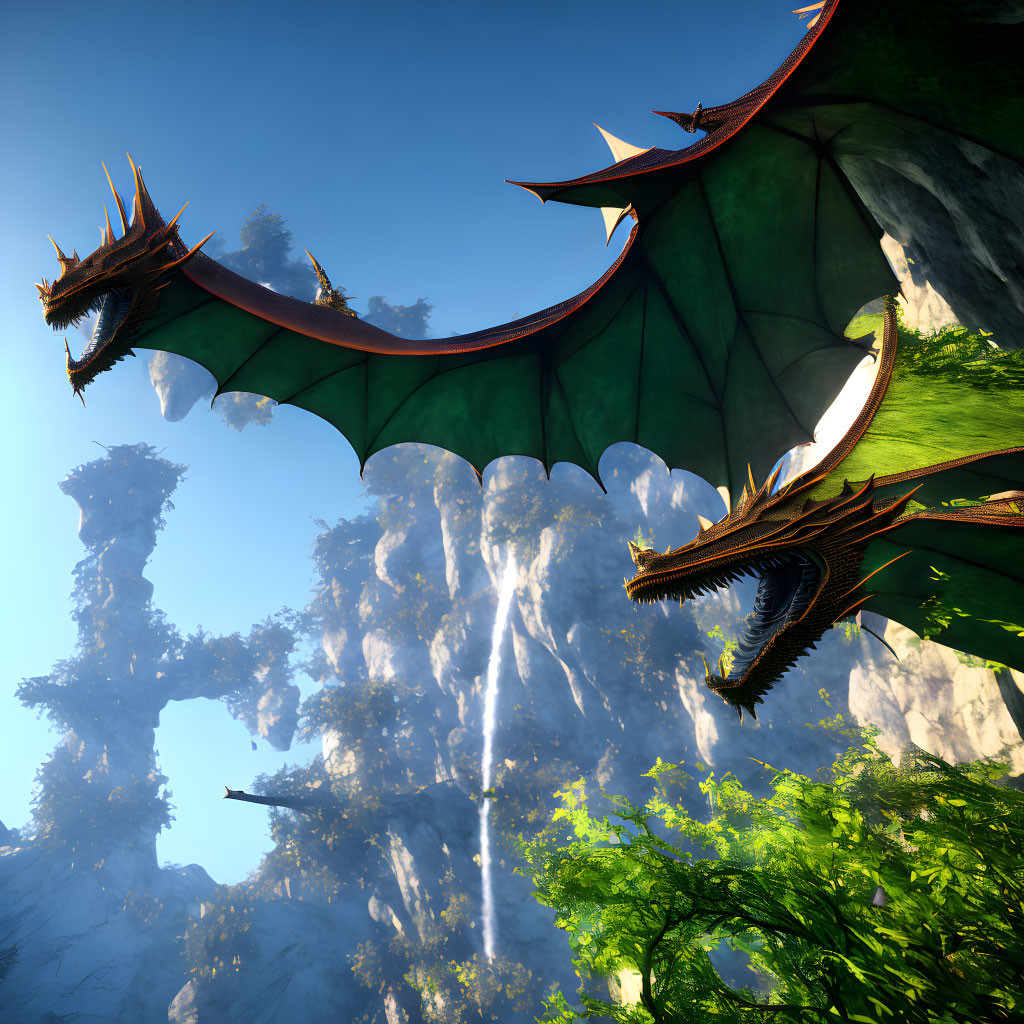 Majestic dragons flying over lush forest with waterfalls