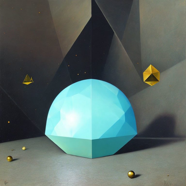 Abstract surreal painting with large blue geometric sphere and golden shapes on dark backdrop