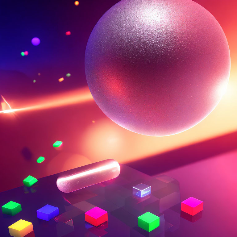 Colorful Glowing Cubes and Textured Sphere on Neon Background