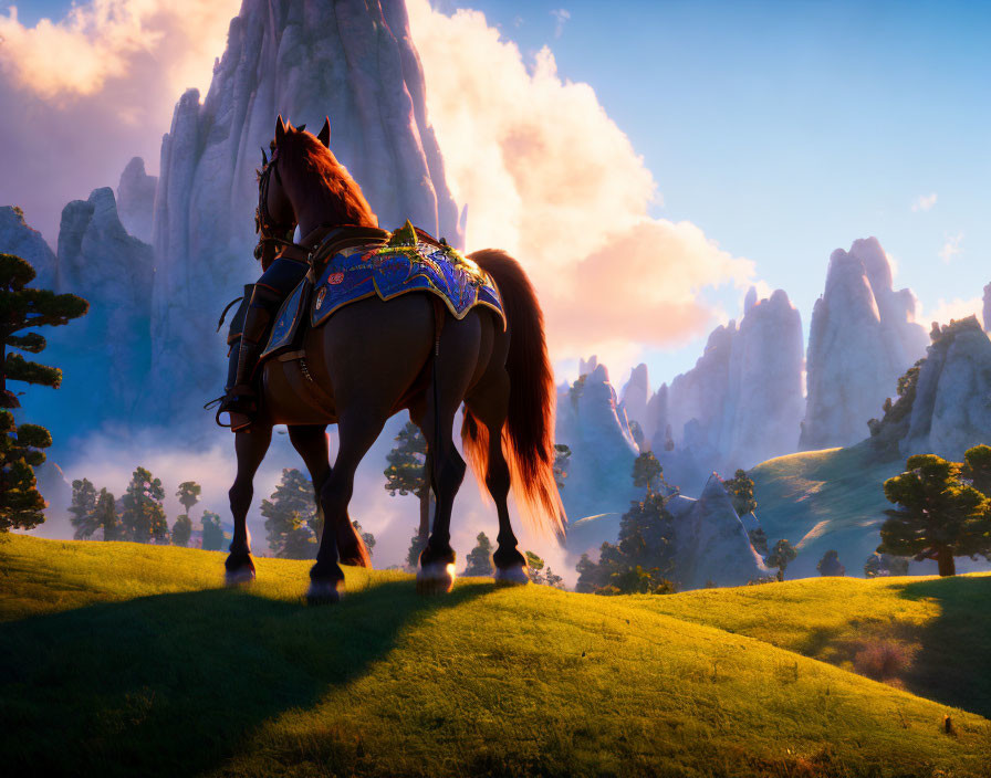 Majestic horse with decorative saddle on grassy hill at sunset