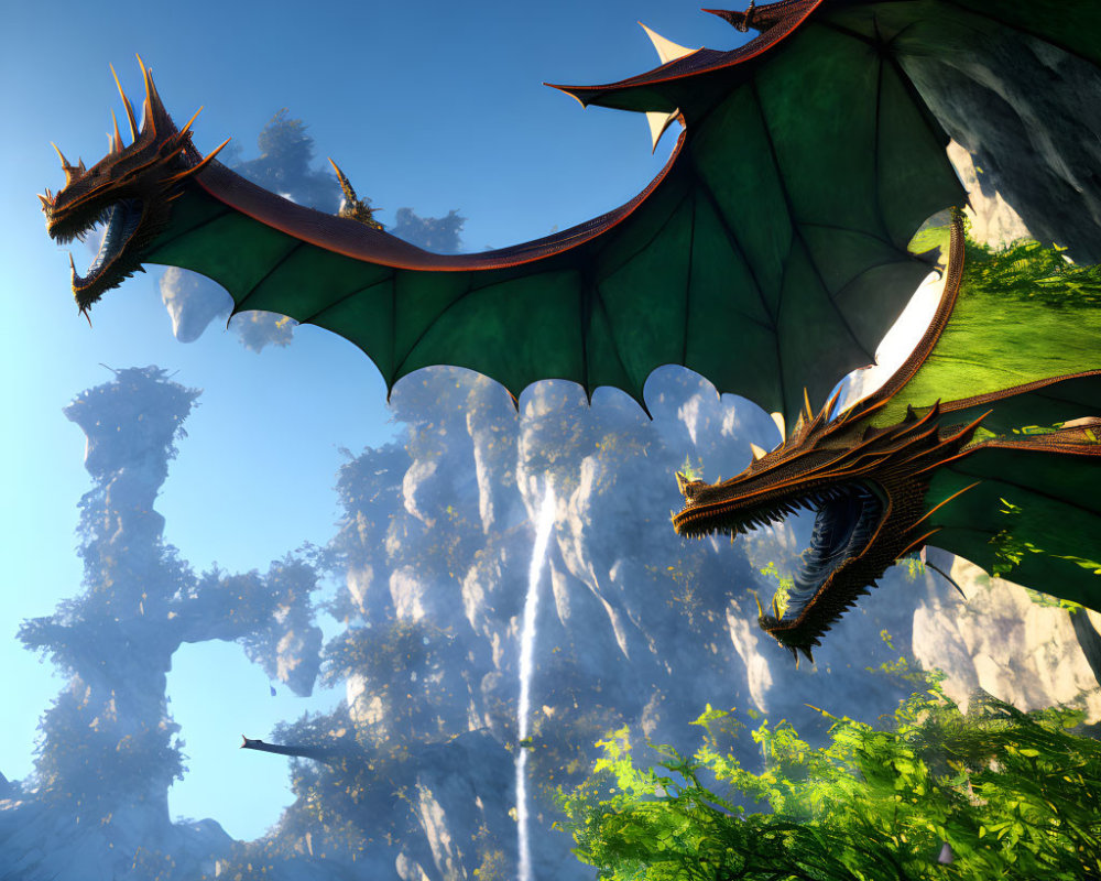 Majestic dragons flying over lush forest with waterfalls