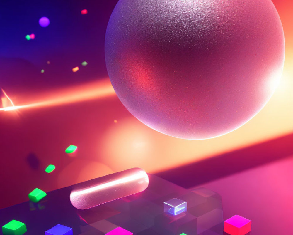 Colorful Glowing Cubes and Textured Sphere on Neon Background