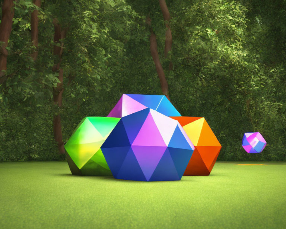 Vibrant geometric gemstone shapes on grass with lush forest background