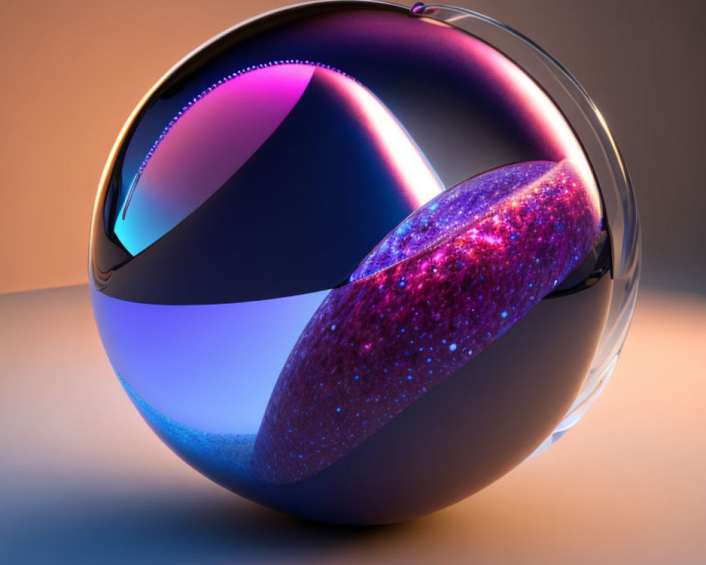 Multicolored Reflective Sphere with Purple Glittery Crescent on Gradient Background