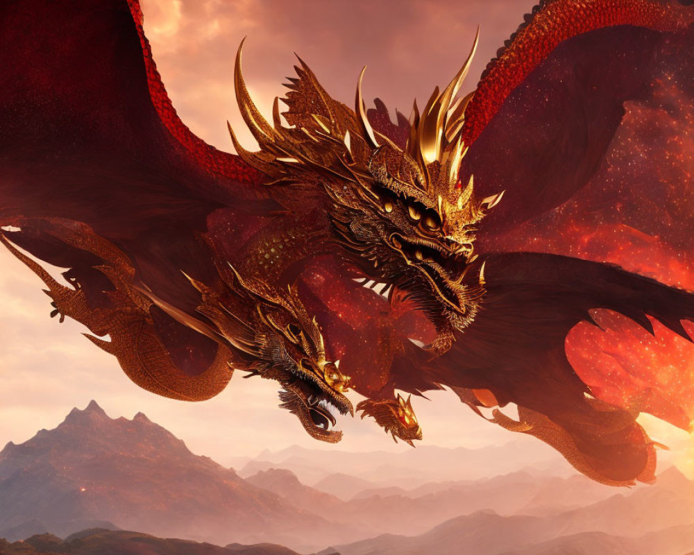 Three-headed dragon flying over fiery sky and mountains