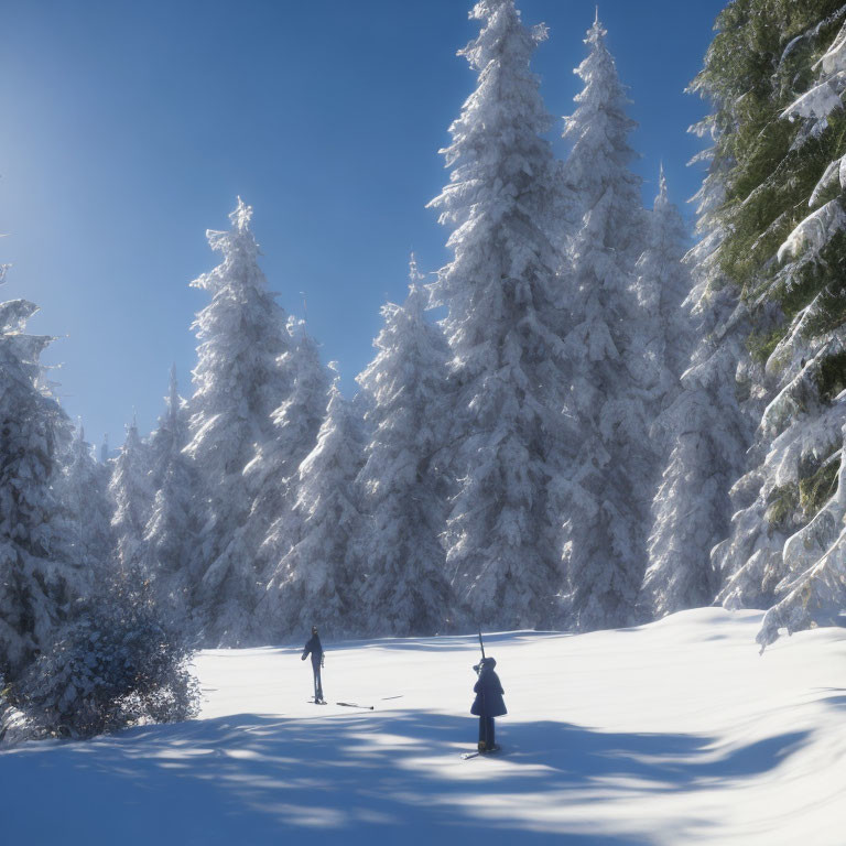 Cross-country skiing in snowy forest with tall pine trees