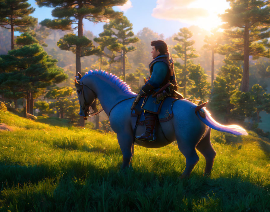 Knight in armor on horseback in serene forest at sunset