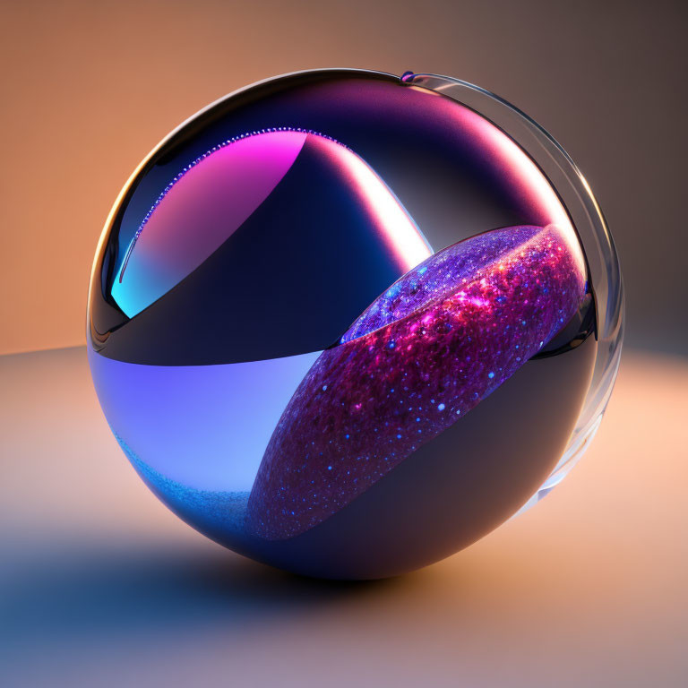 Multicolored Reflective Sphere with Purple Glittery Crescent on Gradient Background