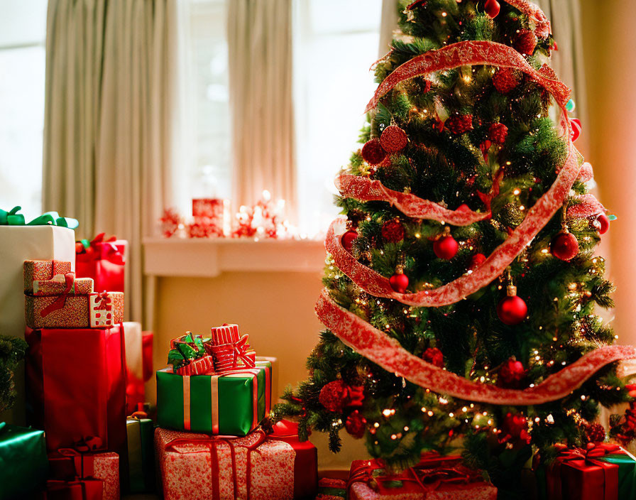 Festively decorated Christmas tree with red ribbons and ornaments surrounded by wrapped gifts in cozy room