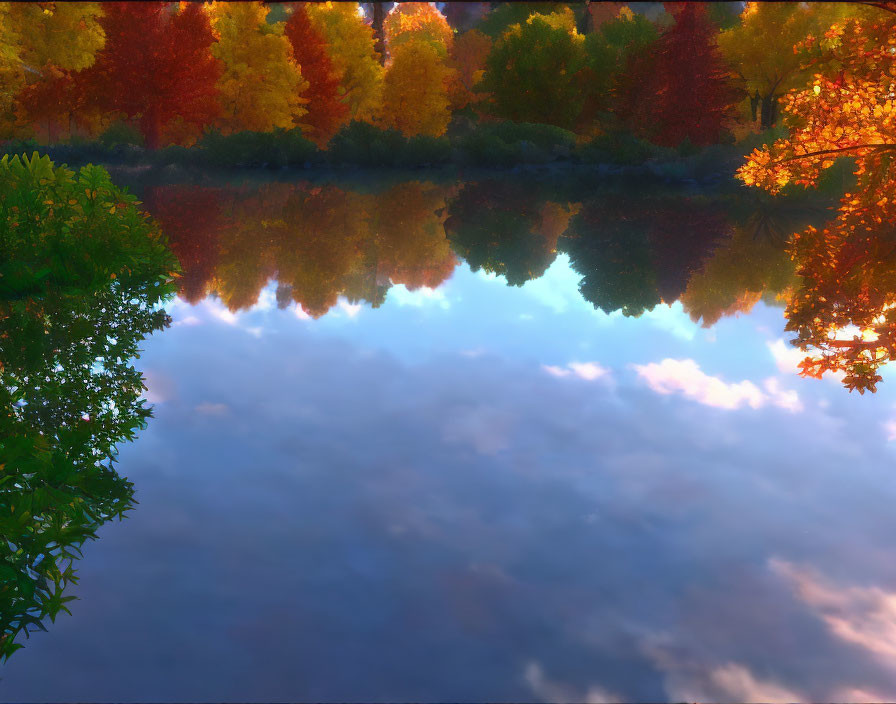 Vibrant Autumn Trees Reflecting on Calm Lake at Sunrise or Sunset