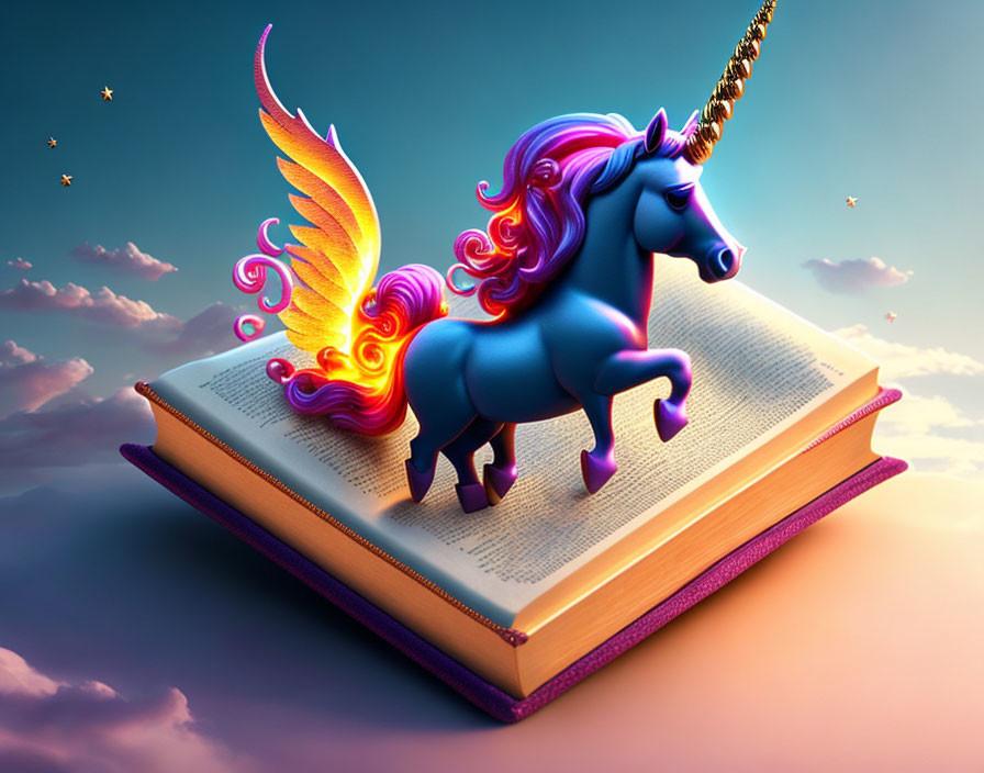 Mythical unicorn with golden horn and fiery wings on open book under twilight sky.