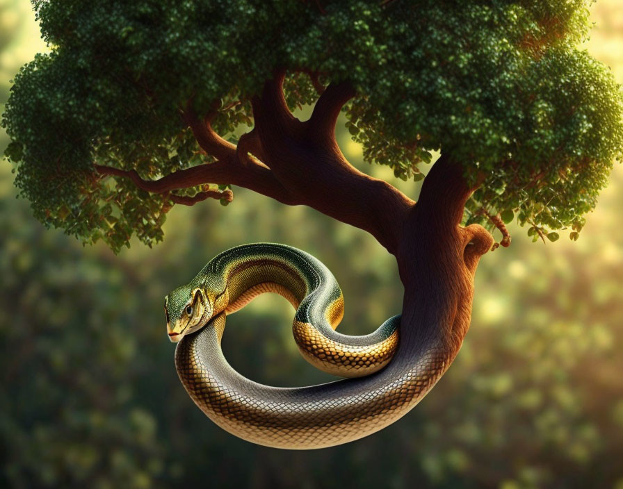 Golden snake coiled around tree branch in sunlit forest