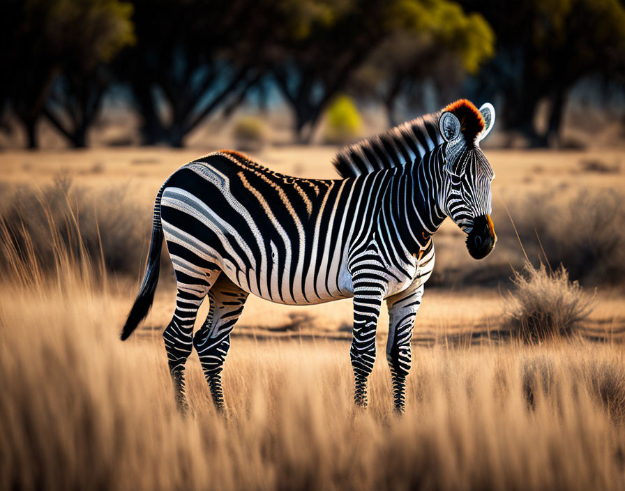 Zebra in tall golden grass under soft sunlight