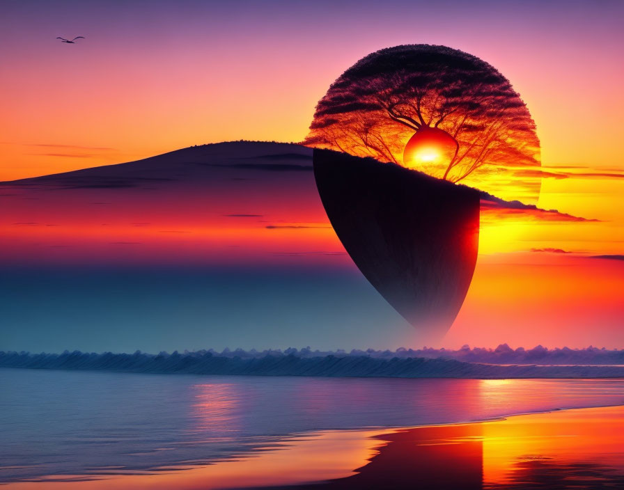 Surreal landscape with levitating hill, tree, and setting sun in vibrant twilight scene