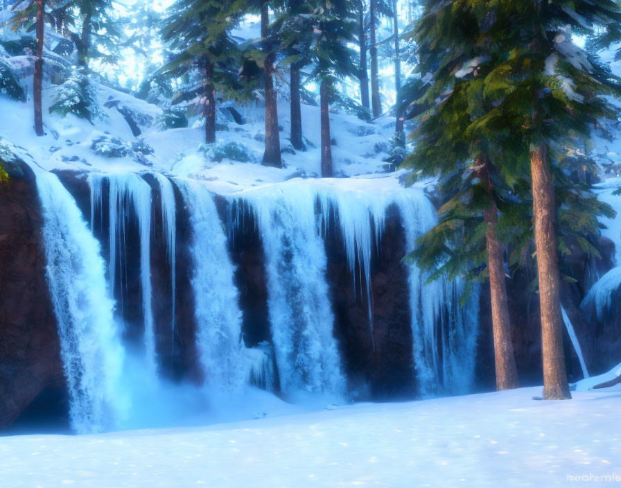 Winter Scene: Frozen Waterfall in Snowy Landscape