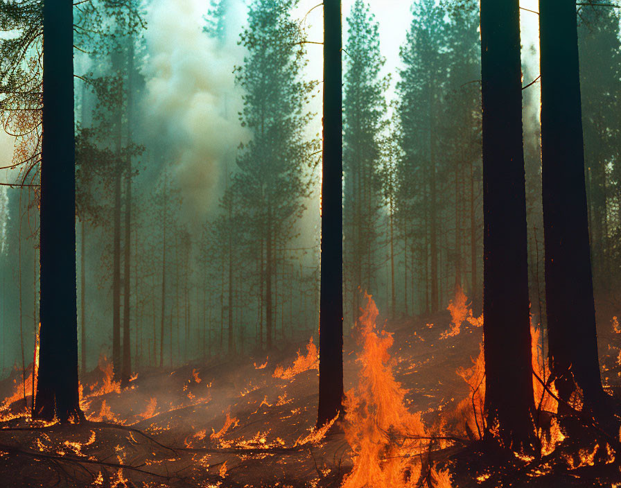 Intense forest fire engulfing tall trees and underbrush