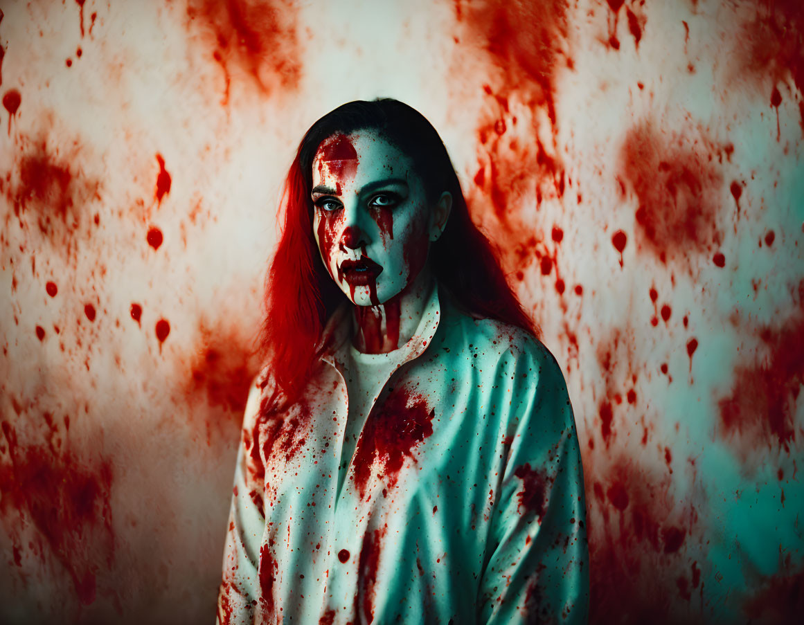 Horror-themed makeup with blood splatter against fierce backdrop