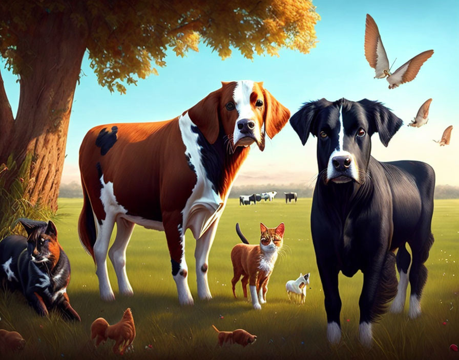 Digital artwork of oversized dogs in meadow with small herd animals and flying birds